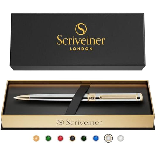Scriveiner Silver Chrome Ballpoint - Stunning Luxury Pen, Real Gold Finish, Schmidt Black Refill, Best Ball Pen Gift Set for Men & Women, Professional, Executive, Office, Nice, Fancy Pens