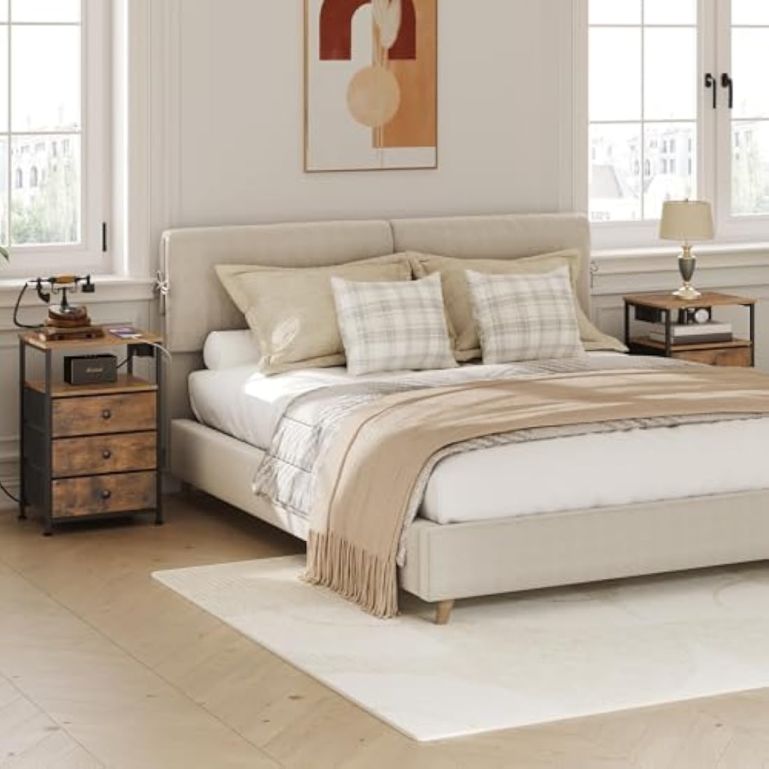 HOOBRO Bedside Table with Charging Station, End Table with 3 Fabric Drawers, Sofa Side Table with USB Ports and Socket, Nightstand for Bedroom, Living Room, Rustic Brown and Black EBF403KBZ01