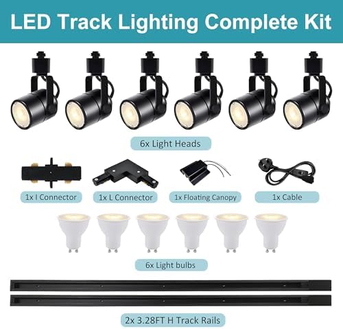 Bravsekai Advanced LED Track Lighting Kit with Replaceable GU10 Bulbs, 6-Lights Dimmable Track Lights with 2x1m H Type Track Rails, 10W 4000K Natural White Indoor Spotlight Fixture for Any Space
