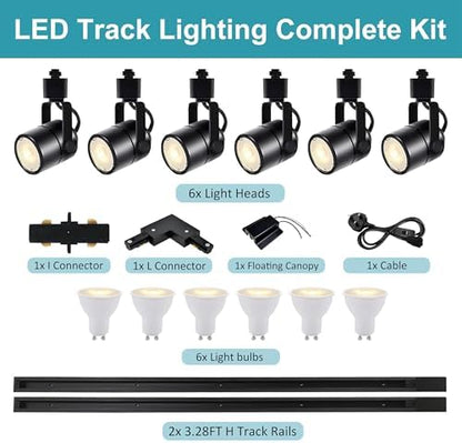 Bravsekai Advanced LED Track Lighting Kit with Replaceable GU10 Bulbs, 6-Lights Dimmable Track Lights with 2x1m H Type Track Rails, 10W 4000K Natural White Indoor Spotlight Fixture for Any Space