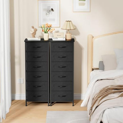 COWISH Tall Dresser with 6 Drawers, Vertical Bedside End Table and Chest of Drawers for Bedroom, Black Furniture with Fabric Drawer Nightstand Organizer Unit in Living Room, Closet, Entryway, Hallyway