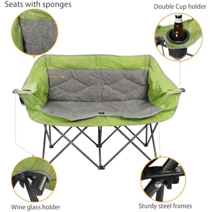 LANMOUNTAIN Folding Loveseat Camping Chair, Portable Double Chair w/Cup Holder,Wine Glass Holder,Carry Bag Heavy Duty Lawn Chair for 2 Adults,Perfect for Camp,Hiking,Picnics and Beach Trips,Green