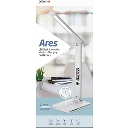 groov e Ares LED Lamp - Touch Control Desk Light with Fold Design - 3 Lighting Modes, Built-in Wireless Charger, Alarm Clock, & Digital Display with Time & Calender - Mains Operated - White