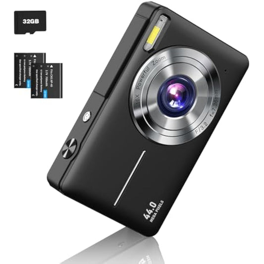 CAMKORY Digital Camera 1080P FHD Compact Vlogging Camera 44MP 16X Digital Zoom Portable for Kids, Teens, Students & Seniors (Black)