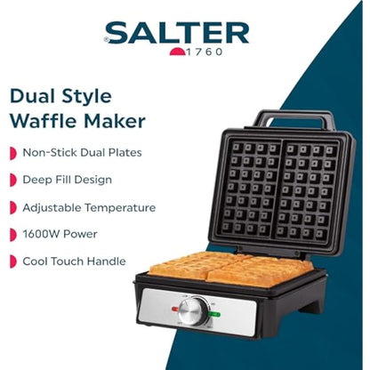 Salter EK5848 Waffle Maker Machine – Non-Stick Dual Waffle Iron Plates, Deep Fill Belgian & American Waffle Machine, Adjustable Temperature Control, Cool Touch Handle, Savoury Snacks & Desserts, 1600W