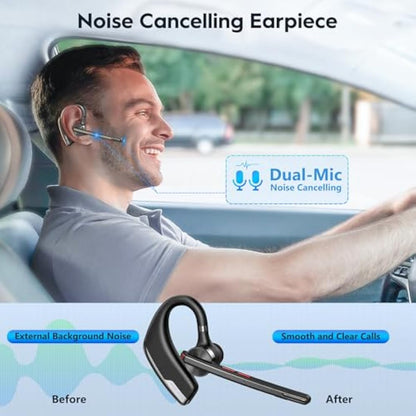 New bee Bluetooth Headset V5.2, Bluetooth Earpiece Handsfree with Dual ENC Mic Mute, Single Headset Wireless Earpiece 24 Hrs Talk 180 Days Standby for Driving/Business/Office with Android iOS Laptop