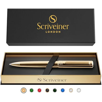 Scriveiner Gold Ballpoint Pen - Stunning Luxury Pen, Real Gold Plating, Schmidt Black Refill, Best Ball Pen Gift Set for Men & Women, Professional Executive Office, Nice Fancy Designer Pens