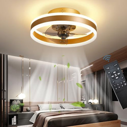 LED Ceiling Fans with Lights Reversible Remote, 6 Speeds Modern Bedroom Fan Ceiling Light Quiet Dimmable Small Ceiling Fan Light for Living Room, Gold 40CM