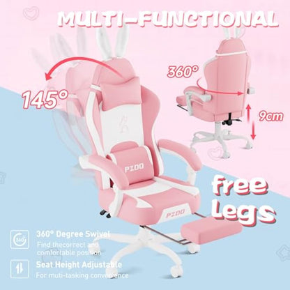 PZDO Pink Gaming Chair,High Back Computer Chair with Footrest, Kawaii Gaming Chairs for Girls Adults Women Kids, Reclining Chairs with Bunny Ear & Lumbar Support, Gift(Pink-White)
