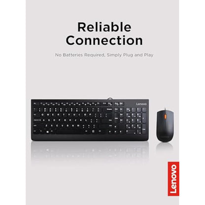 Lenovo 300 USB Combo, Full-Size Wired Keyboard and Mouse, Ergonomic, Left or Right Hand, Optical, GX30M39606, Black