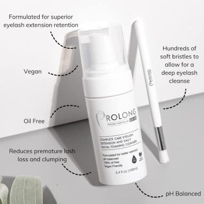 Eyelash Extension Shampoo & Brush - 100ml Bottle - Gentle Foaming Cleanser For Extensions & Natural Lashes - Makeup Remover - Paraben & Sulfate Free - Salon & Home Use