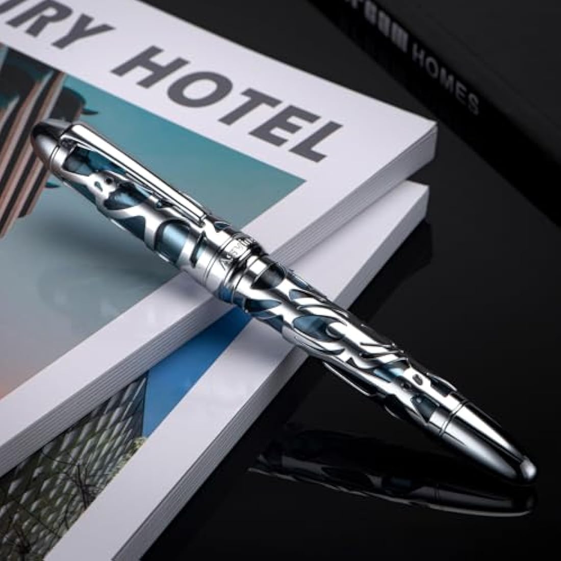 Asvine P80 Piston Filling Fountain Pen Extra Fine Nib, Spider Skeleton Transparent Gray Blue Acrylic Pen Case and Wrench Set