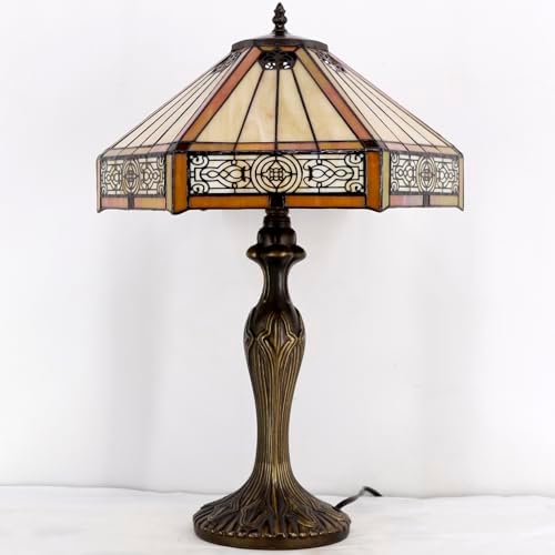 Tiffany Lamp Yellow Hexagon Stained Glass Mission Style End Coffee Table Lamps Bookcase Reading Lighting Lampshade Antique Base W16 H24 Inch Living Room Bedroom Bedside Desk S011 WERFACTORY