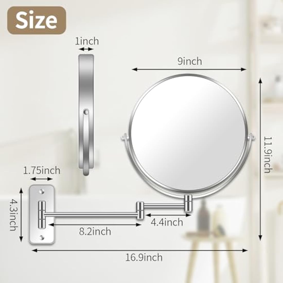 BTremary 9” Large Wall Mounted Makeup Mirror 1X/7X Double-Side Bathroom Magnifying Mirror 360 Swivel Vanity Mirror Extendable Shaving Wall Mount Cosmetic Mirror for Men and Women, Chrome