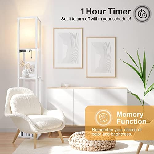 OUTON Floor Lamp Shelf with Remote Control, Dimmable & 4 Colour Temperature Adjustable, 1H Timer, LED Floor Lamp with 2 USB Ports, Floor Lamps with Lampshade for Living Room, Bedroom, Office(White)