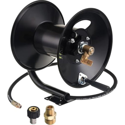 M MINGLE High Pressure Washer Hose Reel 150ft, Heavy Duty Steel Hose Reel, Manual Crank Power Washer Hose Reel with 3/8" Pressure Wash Hose, Swivel Arm and Mounting Bracket, 4000 PSI