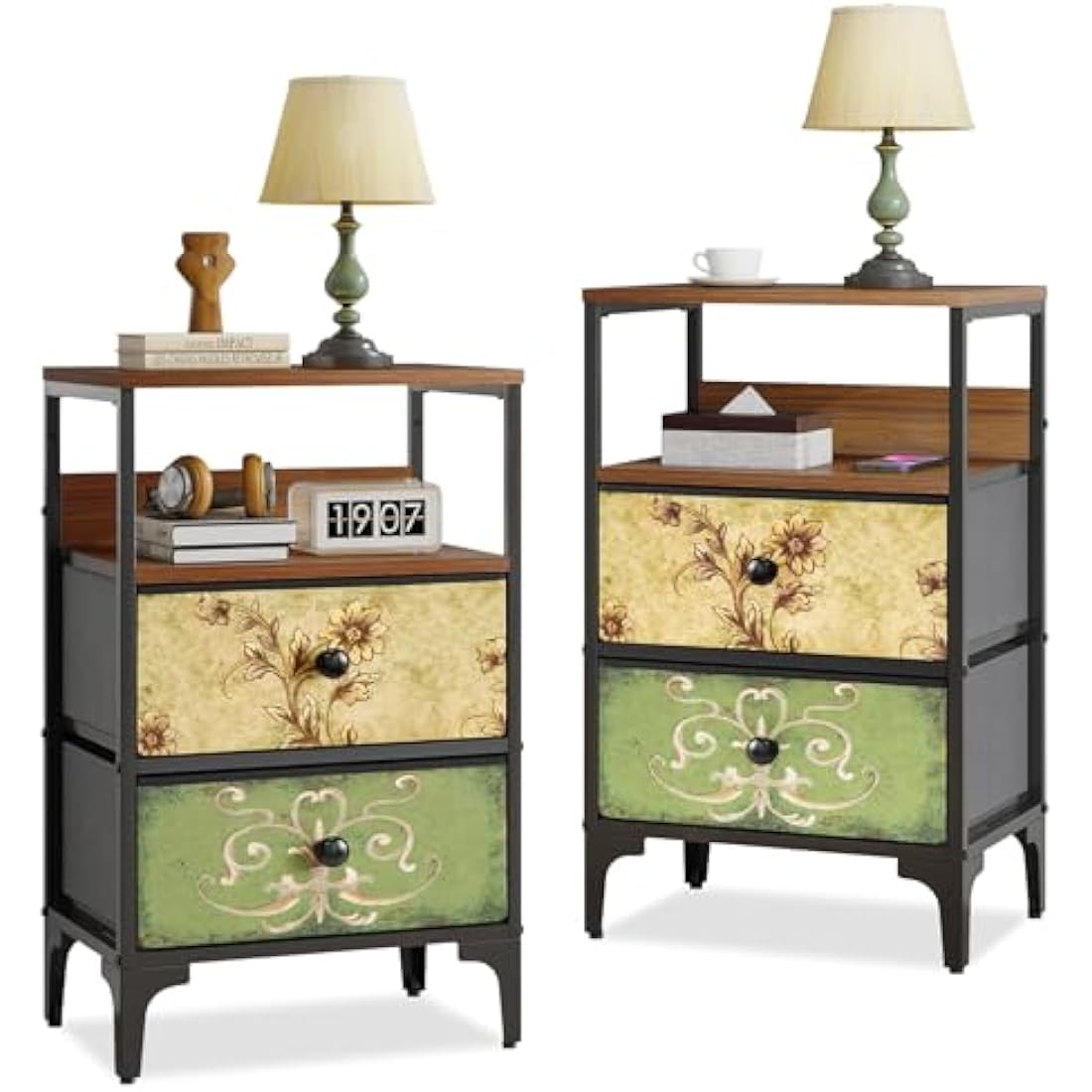 LYNCOHOME Bedside Tables set of 2,Bed Side Table for Bedroom, Nightstand with 2 Storage Fabric Drawers and Metal Frame for Bedroom,Living Room