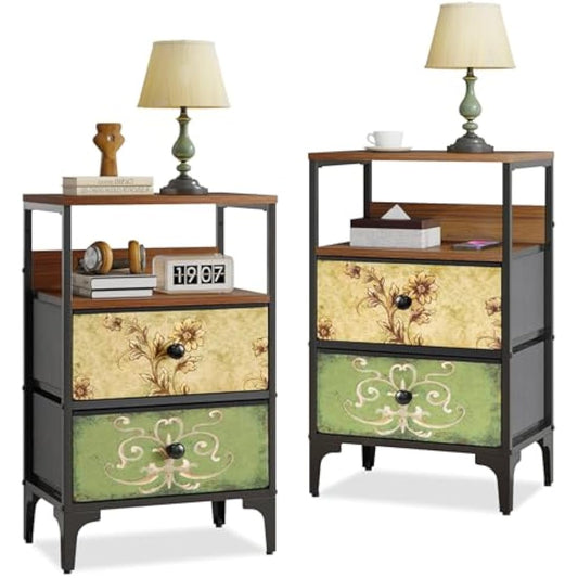 LYNCOHOME Bedside Tables set of 2,Bed Side Table for Bedroom, Nightstand with 2 Storage Fabric Drawers and Metal Frame for Bedroom,Living Room