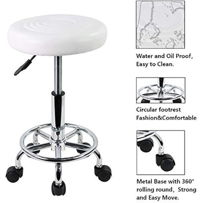 KKTONER PU Leather Round Rolling Stool with Foot Rest Swivel Height Adjustment Medical Spa Drafting Salon Tattoo Work Office Massage Stools Task Chair (White)