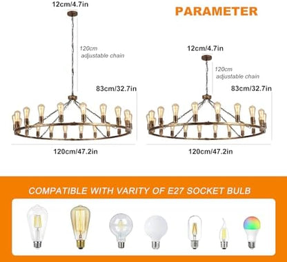 Eoodis Wagon Wheel Chandelier 20 Lights Bronze Rustic Pendant Light Large 120cm Metal Round Chandeliers Ceiling Light Fixture for Kitchen, Living Room