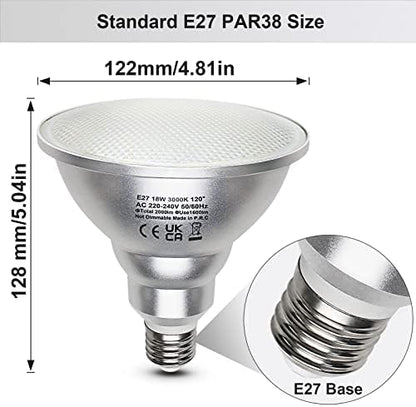 Unikcst 4X 18W PAR38 E27 LED Floodlight Bulbs PAR 38 Reflector Light 2000LM ES Cap 120° Beam Angle Warm White Replace 180W Halogen lamp