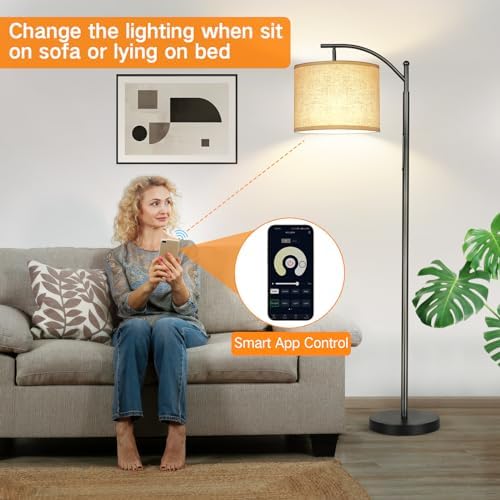 OUTON Dimmable Floor Lamp with Touch Control & Remote & App Control, 3000K-6000K Adjustable Color Temperatures, LED Tall Standing Lamp with Beige Lampshade for Living Room, Bedroom, Office, Black
