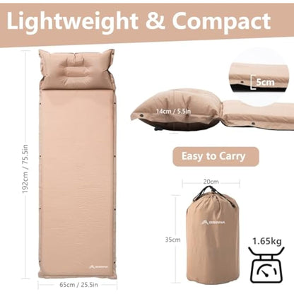 BISINNA Self-Inflating Camping Mat with Air Pillow – 3cm/5cm Thick, Snap-Buckle Design, Khaki/Olive Green, Compact & Lightweight