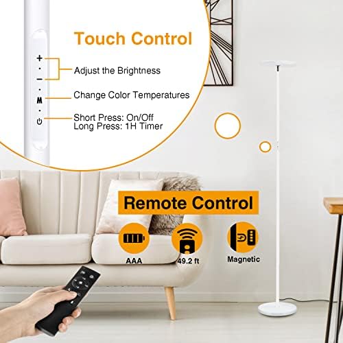 OUTON LED Uplighter Floor Lamp 30W 3000LM, Bright Modern Torchiere Dimmable Standing Lamp, Remote Touch Control & 4 Color Temperatures, 1 Hour Timer for Living Room, Bedroom, Office, White