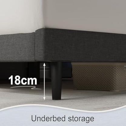Yocreat Double Bed Frame, Dark Grey, Upholstered Wooden Slat Bed Frame with Headboard, Easy Assembly, Underbed Storage, No Box Spring Needed 135×190