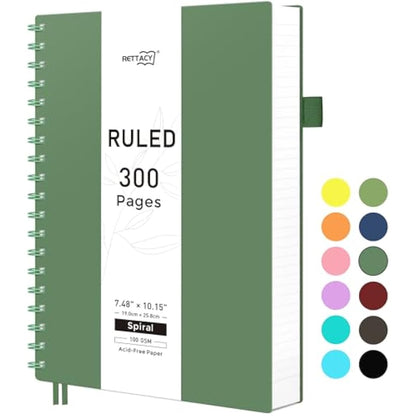RETTACY B5 Wirebound Notebooks Notepad150 sheets/300 Pages for Writing,100gsm College-Ruled Paper, PVC Retro Cover, for Men Work Office School,19 x 25 cm - Dark Green