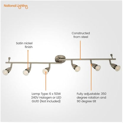 National Lighting Led Celing Lights Rotatable, 6 Way Ceiling Spolights, Satin Silver Finish, for Living Room, Kitchen, Bedroom, GU10 Led Compatible