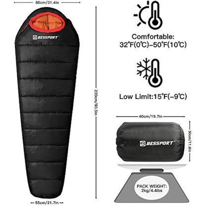 Bessport Sleeping Bag, 4 Seasons 0°C Sleeping Bag, Small Pack Size & Ultralight Outdoor Sleeping Bag, Mummy Sleeping Bag for Camping, Travel, Outdoor and Tent