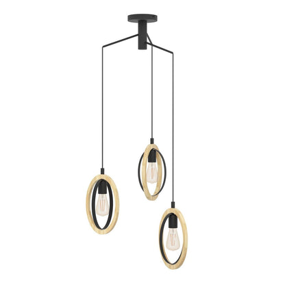 Eglo Pendant lamp Basildon, 3-Light Hanging lamp Vintage, Industrial, Retro, Made of Steel and Wood in Black, Natural, Dining Table lamp, Hanging