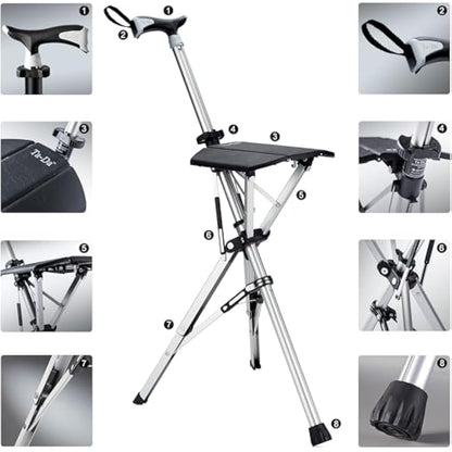 Ta-Da Chair - Walking Stick with Seat, Ultra-Light Aluminium Frame & Sturdy Foldable Stool (up to 110kg), Collapsable Folding Design, Ideal for Travel & Sightseeing
