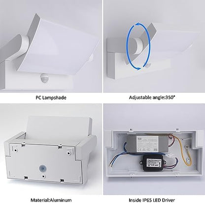 Klighten 24W Wall Light with Motion Sensor Outdoor Indoor IP65 Aluminum Modern Outside Light with Swiveling LED Panel Wall Lamp for Entrance Garden Terrace, Cold White 5700K-6000K, White
