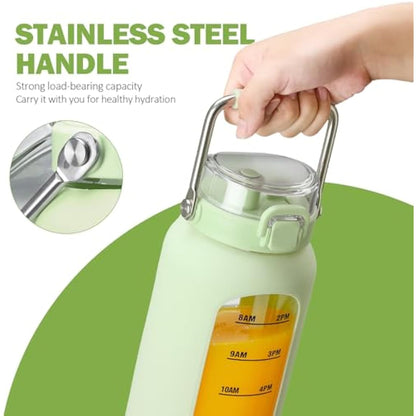 BLUEGO 2000ml Borosilicate Glass Water Bottle with Stainless Handle and Time Marker 2L Drinking Bottle with Silicone Sleeve and Straw for Gym Office Outdoor Sports Water Bottles BPA Free, Light Green