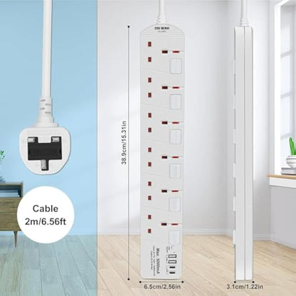 SE UKASE Extension Lead with USB Slots(5V/5A), 6 Way Plug Sockets with Individual Switches USB and Type C, Wall Mount Design with 2M Extension Cable 2990W