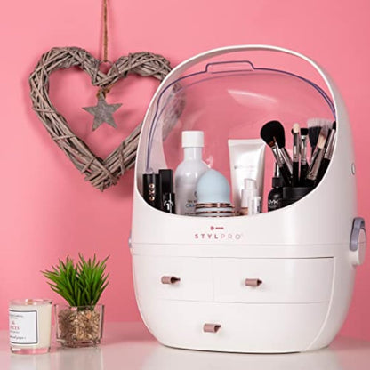 STYLPRO Beauty Storage Pod, Cosmetics & Skincare Organiser with 3 Drawers, Detachable Lid, Dustproof Cover & Travel Handle for Dresser, Bedroom, Bathroom & Home Organisation, White 31x27x40cm