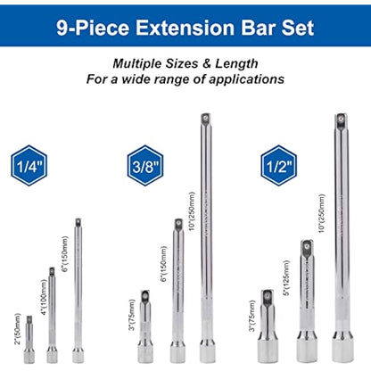 DAKCOS 9 Piece Extension Bar Set, 1/4" 3/8 "1/2" Drive Socket Extension Bar, Extensions Socket Tool, CR-V Steel