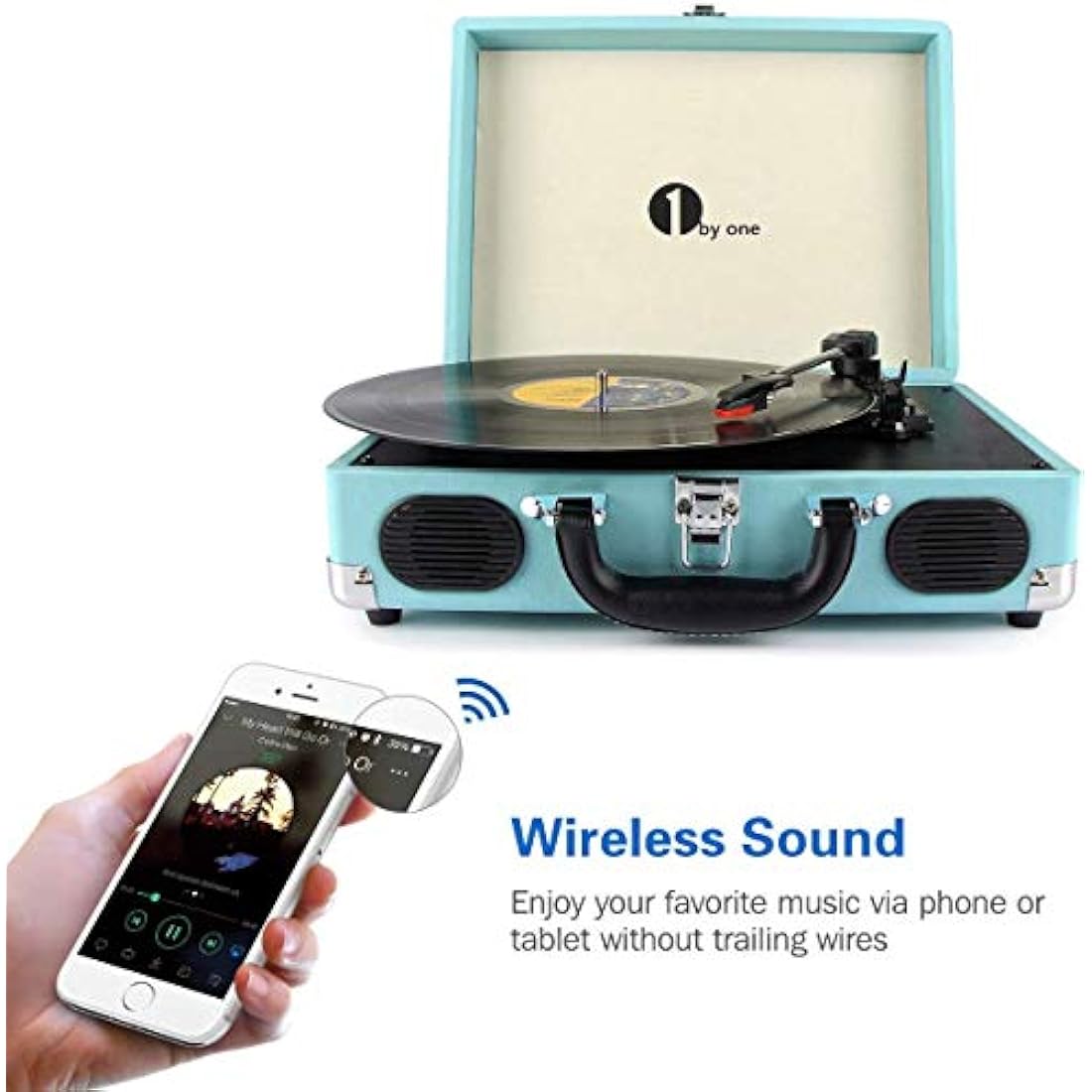 1 BY ONE Bluetooth Record Player Belt-Drive 3-Speed Portable Vinyl Turntable with Built in Speakers, Supports RCA Output, Headphone Jack, MP3, Mobile Phones Music Playback, Turquoise