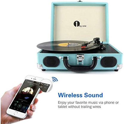 1 BY ONE Bluetooth Record Player Belt-Drive 3-Speed Portable Vinyl Turntable with Built in Speakers, Supports RCA Output, Headphone Jack, MP3, Mobile Phones Music Playback, Turquoise