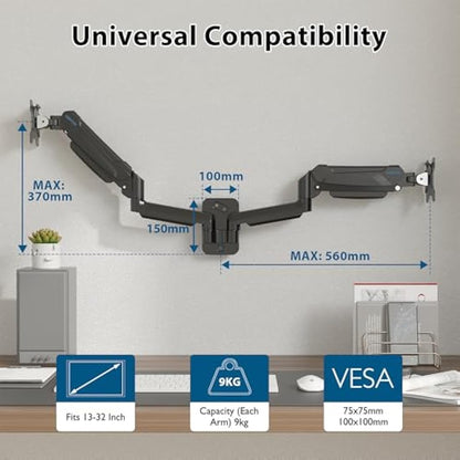 BONTEC Monitor Wall Mount Bracket for 13-32" Screens, Gas Spring Adjustable Monitor Arm, Height Adjustable, Tilt, Swivel & Rotate, VESA 75x75, 100x100mm, Holds up to 9KG, Heavy Duty, Ergonomic Design