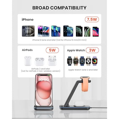 GEEKERA Wireless Charger Stand, 3 in 1 Wireless Charging Station for iPhone 16/15/14/13/12/11/Pro Max/XS/XR/X/8, Fast Charging Stand for Apple Watch 2-Ultra, Docking Station for AirPod 4/Pro/3/2-Black