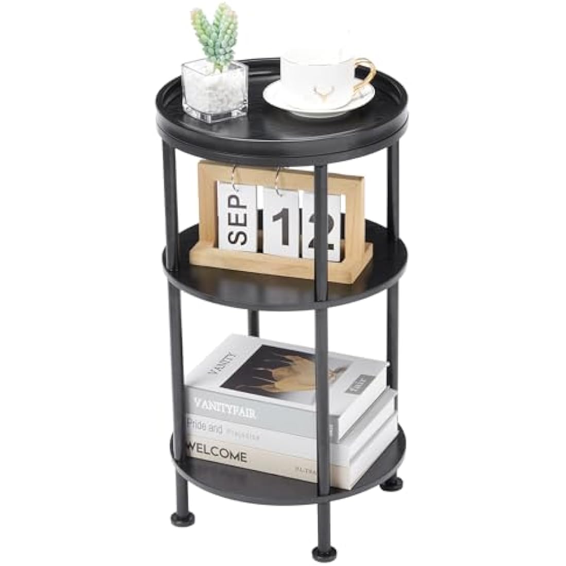 YEAKOO Nordic End Table, 3-Tier 30cm Round Side Table with Storage Shelf Edge Protection Tray, Sturdy Metal Frame Coffee Table Bedside Table for Living Room Bedroom Small Spaces/Black