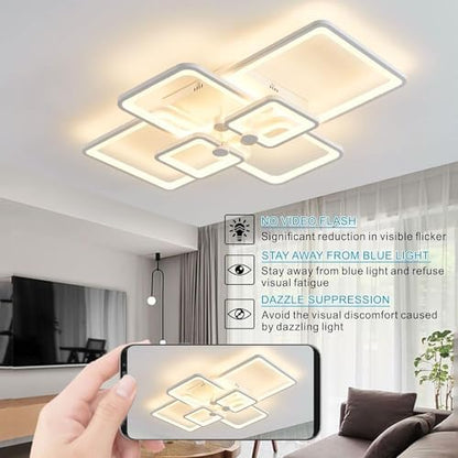 HIHIHOMY Modern LED Ceiling Light Dimmable with Remote Control 6-Ring Living Room Geometric Design 78 W 6630 LM, White for Bedroom, Kitchen, 3000-6500 K Lamp [Energy Class F]