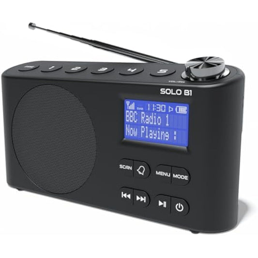 DAB/DAB+ & FM Portable Digital Radio | Bluetooth | Rechargeable Battery | Dual Alarms & Sleep Timer | Perfect for Home, Office or Outdoors | AZATOM Solo B1 (Black)