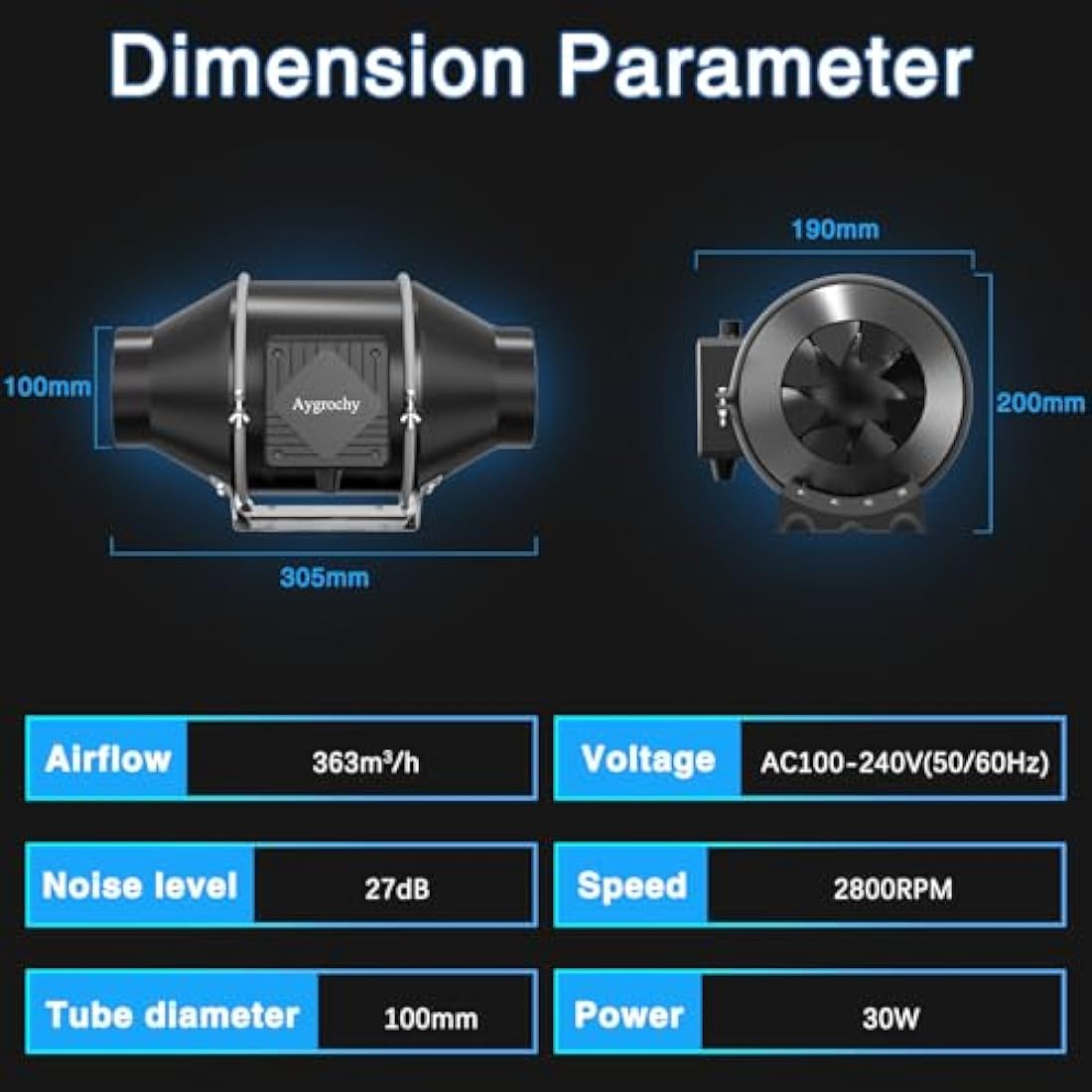 Aygrochy 4 inch Inline Duct Fan with Temperature and Humidity Controller, Extractor Fan for Booster, Grow Tents, Ventilation and Extractor(UK Plug).