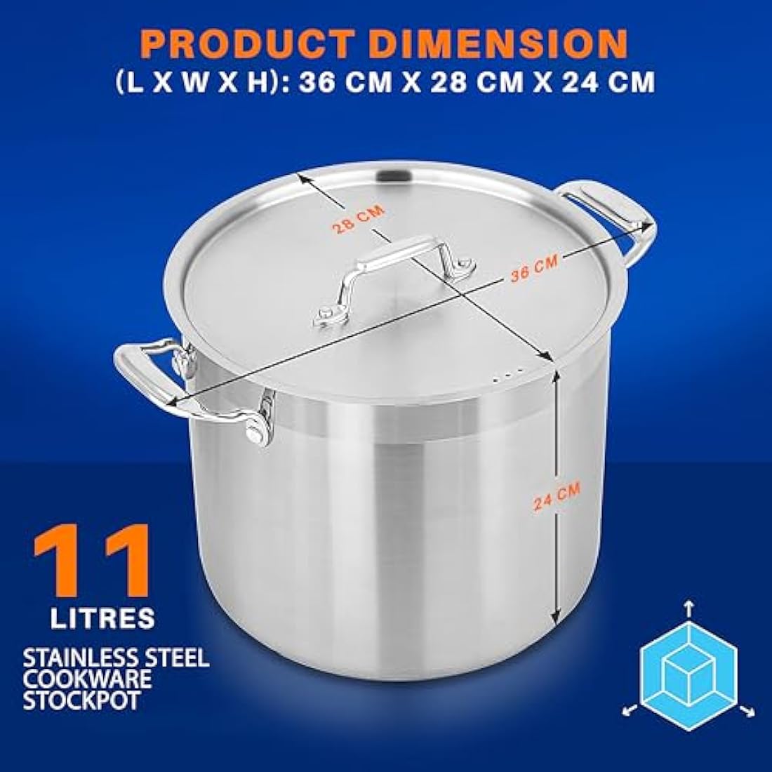 NutriChef 10 litres Stainless Steel Stockpot with Stainless Steel Lid - 18/8 Heavy Duty Large Stock Pot for Stew & Soup, Works w/Induction hub