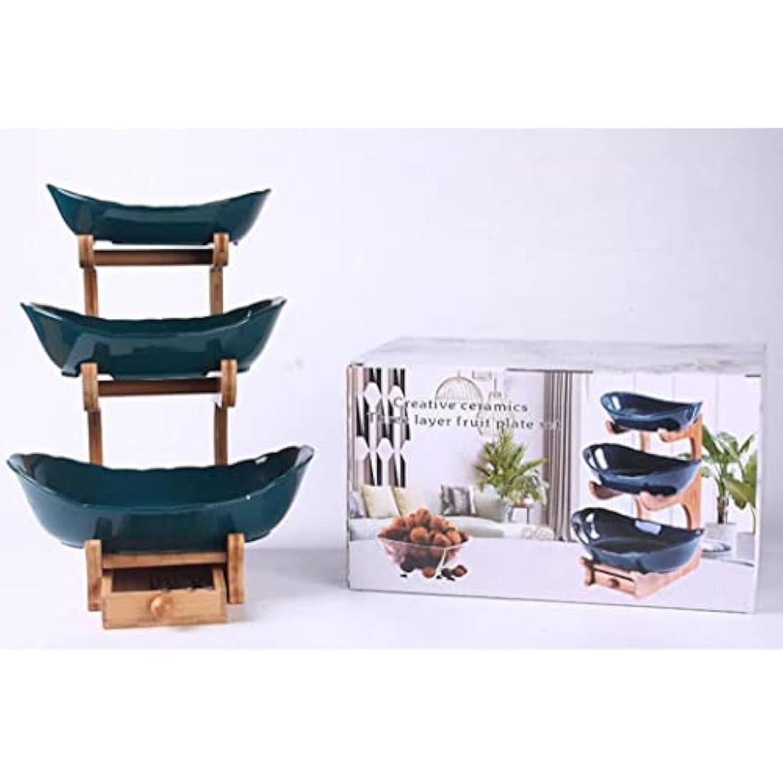 Simcat Fruit Plate Set Fruit Basket for Kitchen Counter, Ceramic Fruit Bowl,Large Capacity Fruit Bowl Set with Holder, Bamboo Fruit Serving Tray (Three Layer Dark Green)