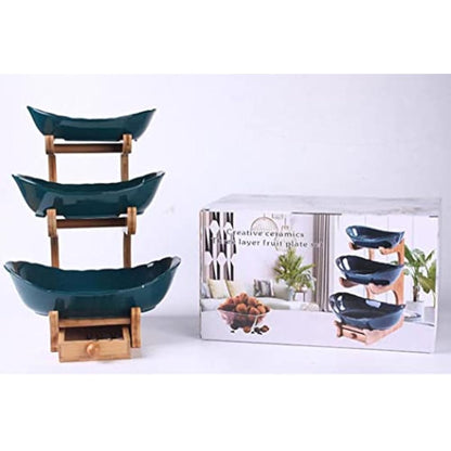 Simcat Fruit Plate Set Fruit Basket for Kitchen Counter, Ceramic Fruit Bowl,Large Capacity Fruit Bowl Set with Holder, Bamboo Fruit Serving Tray (Three Layer Dark Green)
